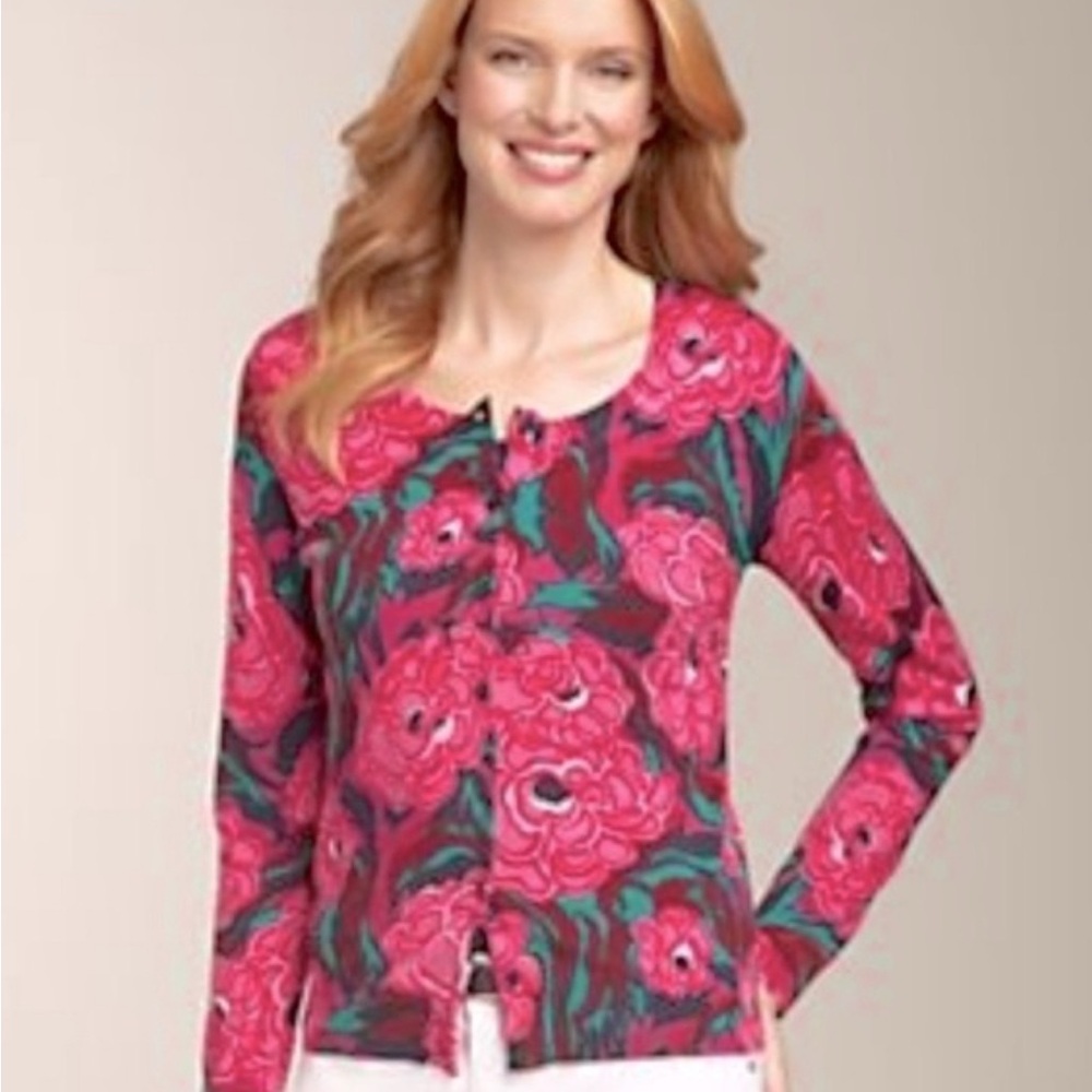 Talbots Women’s Feminine Pink Floral Sweater Cardigan Size Medium Petite